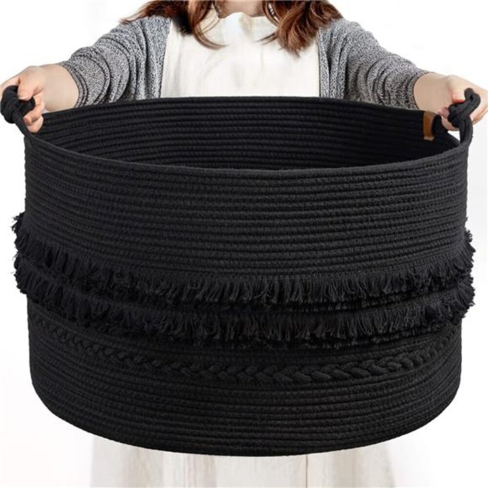 Extra Large Black Laundry Basket, Rope Storage Basket for Bathroom, Bedroom